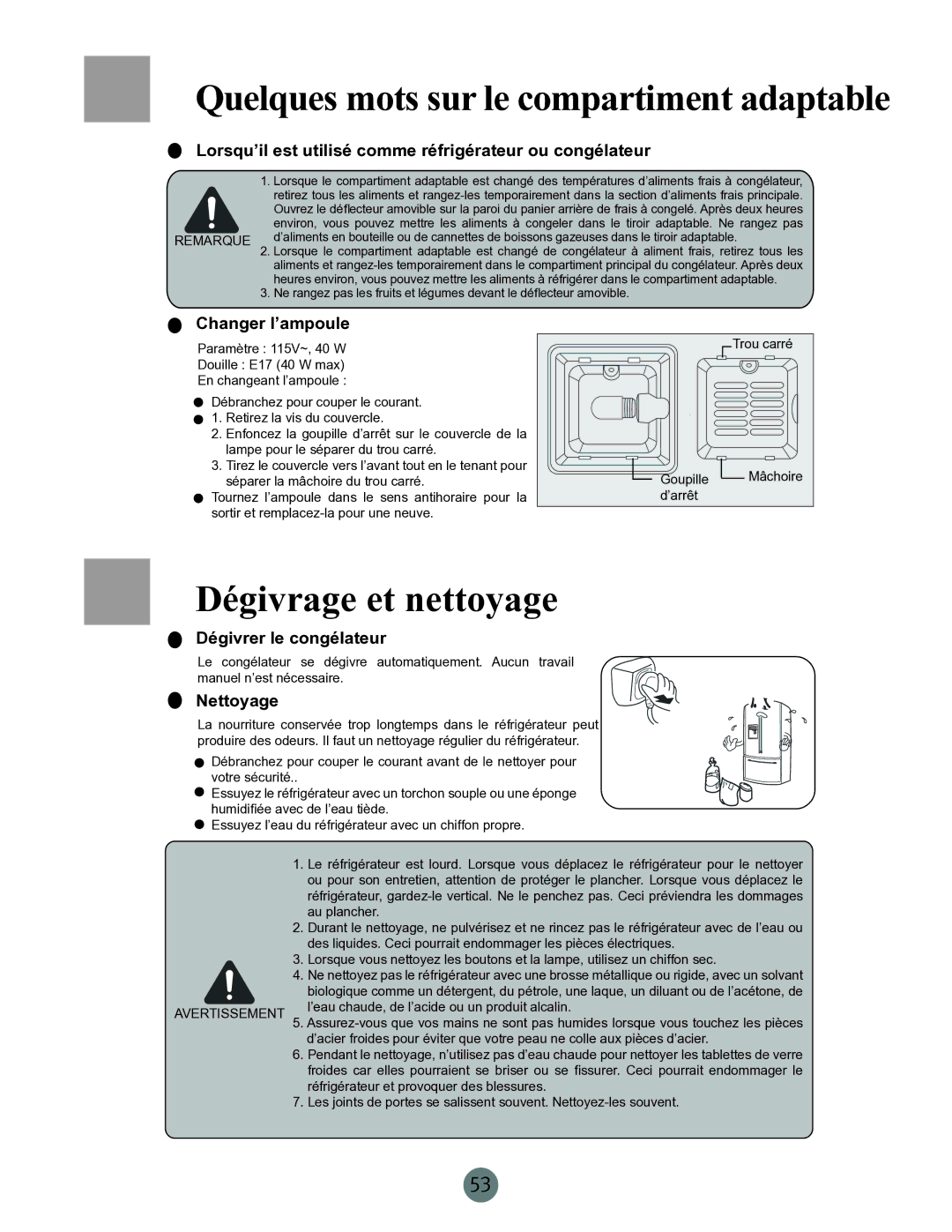 Haier RRCS25TD, PRCS25ED, PRCS25SD warranty Quelques mots sur le compartiment adaptable, Dégivrage et nettoyage 