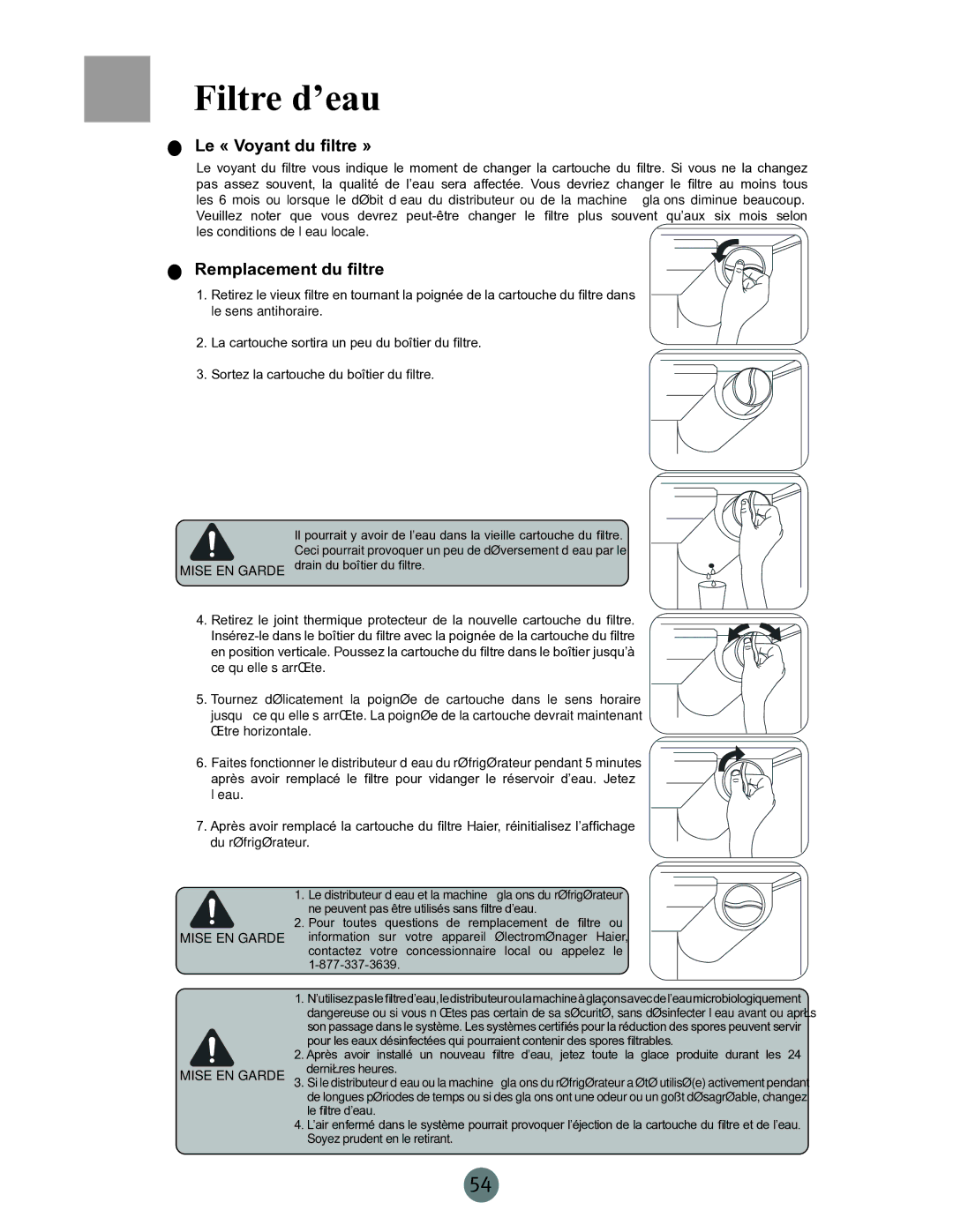 Haier PRCS25ED, PRCS25SD, RRCS25TD warranty Filtre d’eau, Le « Voyant du filtre », Remplacement du filtre 