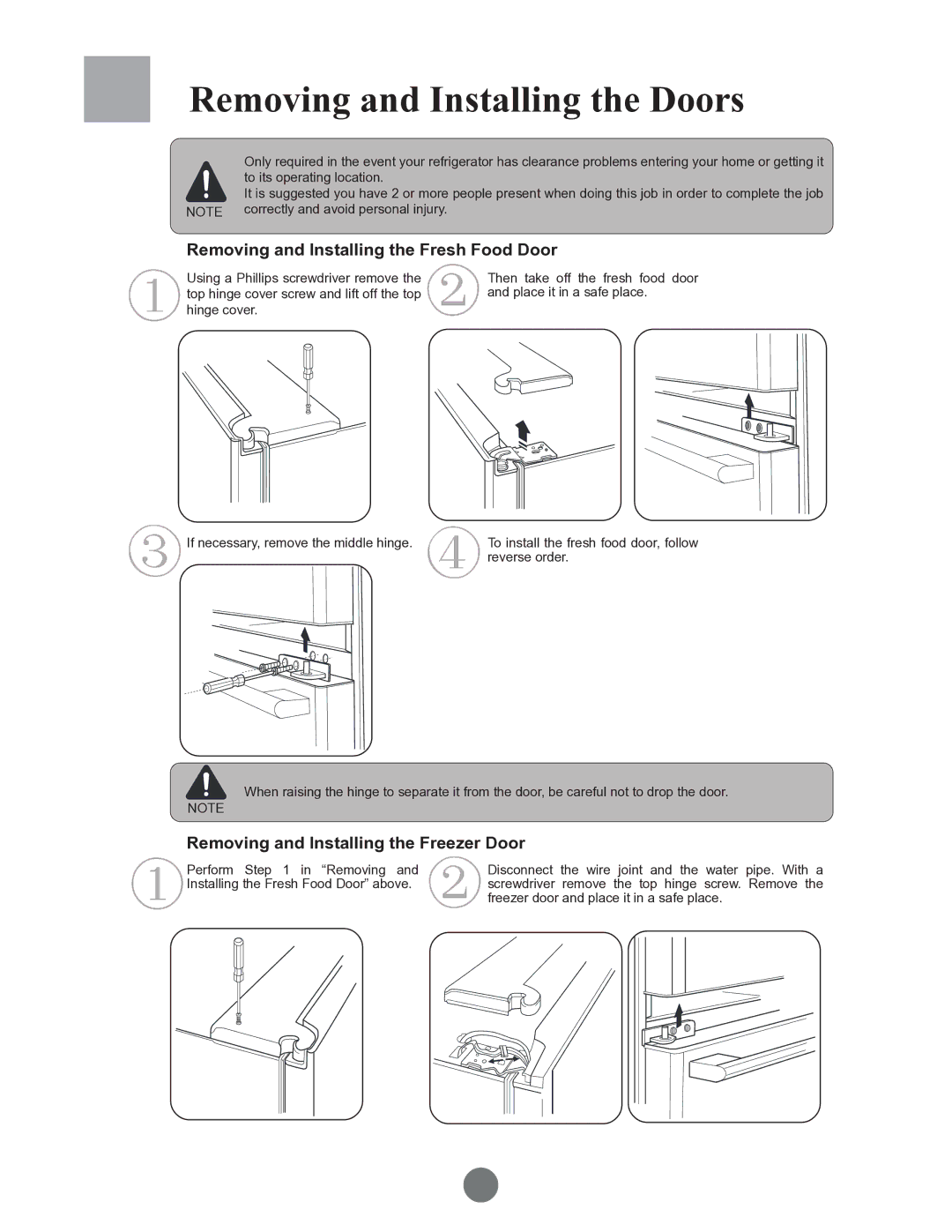 Haier PRCS25ED, PRCS25SD, RRCS25TD warranty Removing and Installing the Doors, Removing and Installing the Fresh Food Door 