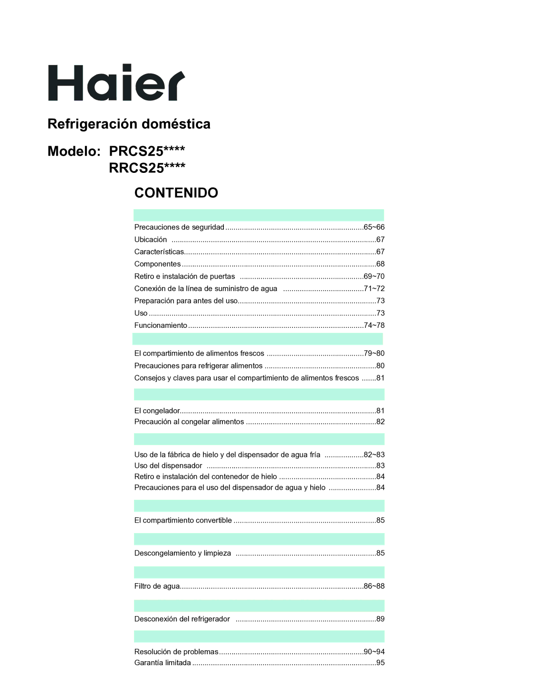 Haier PRCS25ED, PRCS25SD, RRCS25TD warranty Refrigeración doméstica Modelo PRCS25 RRCS25 Contenido 