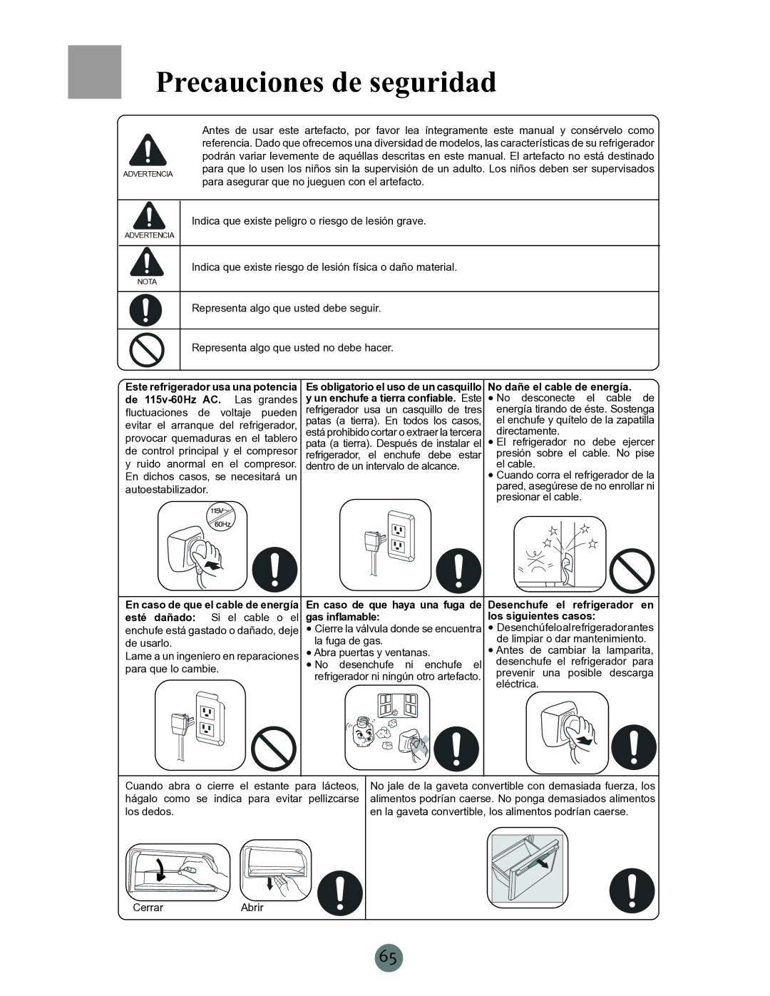 Haier PRCS25ED Precauciones de seguridad, Este refrigerador usa una potencia, No dañe el cable de energía De 115v-60Hz AC 