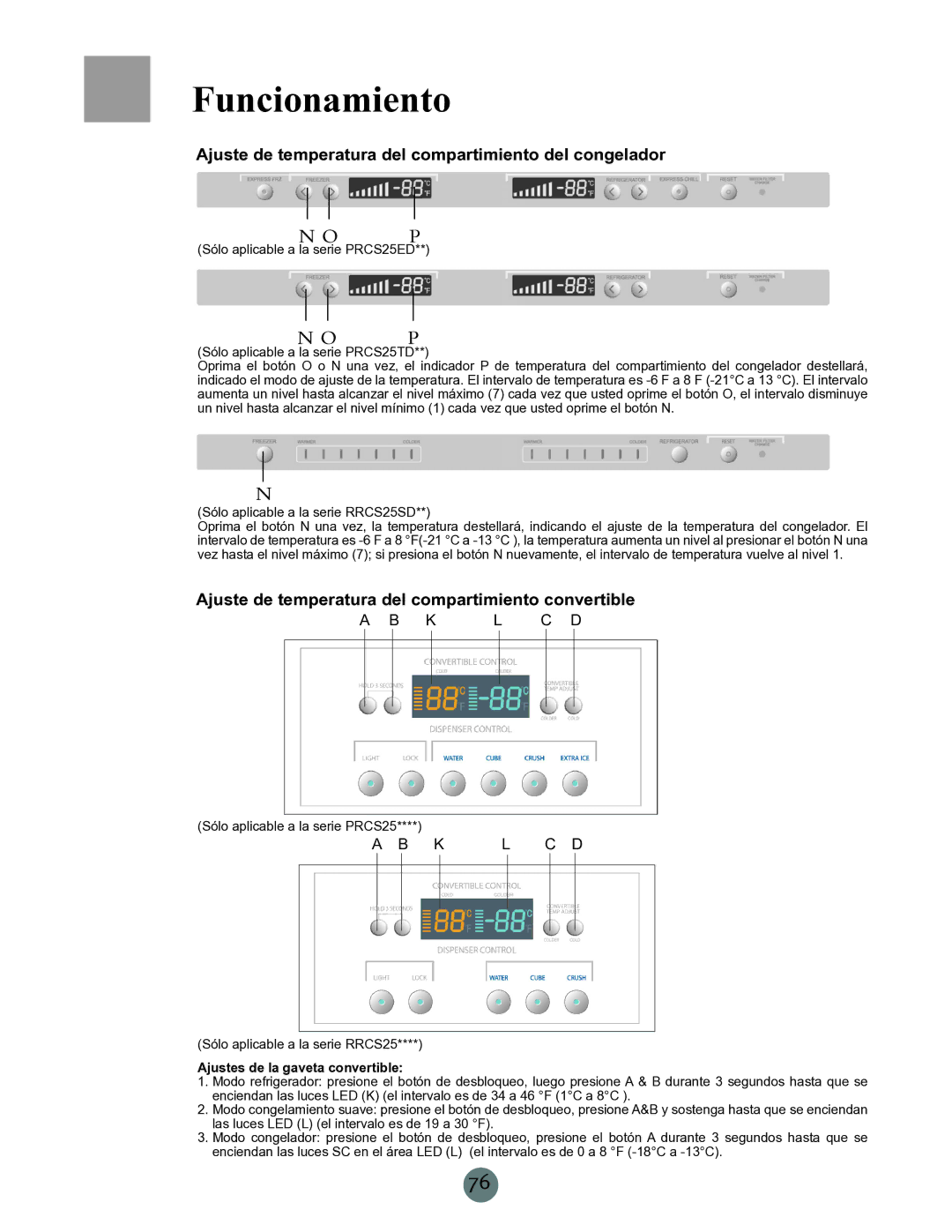 Haier PRCS25 Ajuste de temperatura del compartimiento del congelador, Ajuste de temperatura del compartimiento convertible 