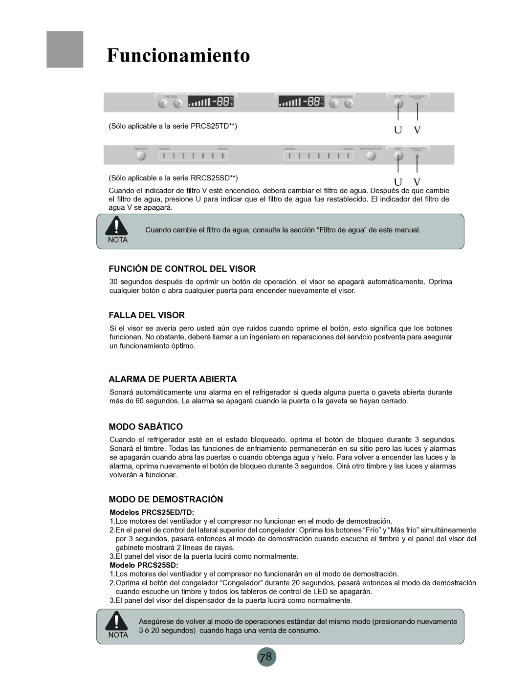 Haier RRCS25TD, PRCS25ED Función de control del visor, Falla del visor, Alarma de puerta abierta, Modo de demostración 