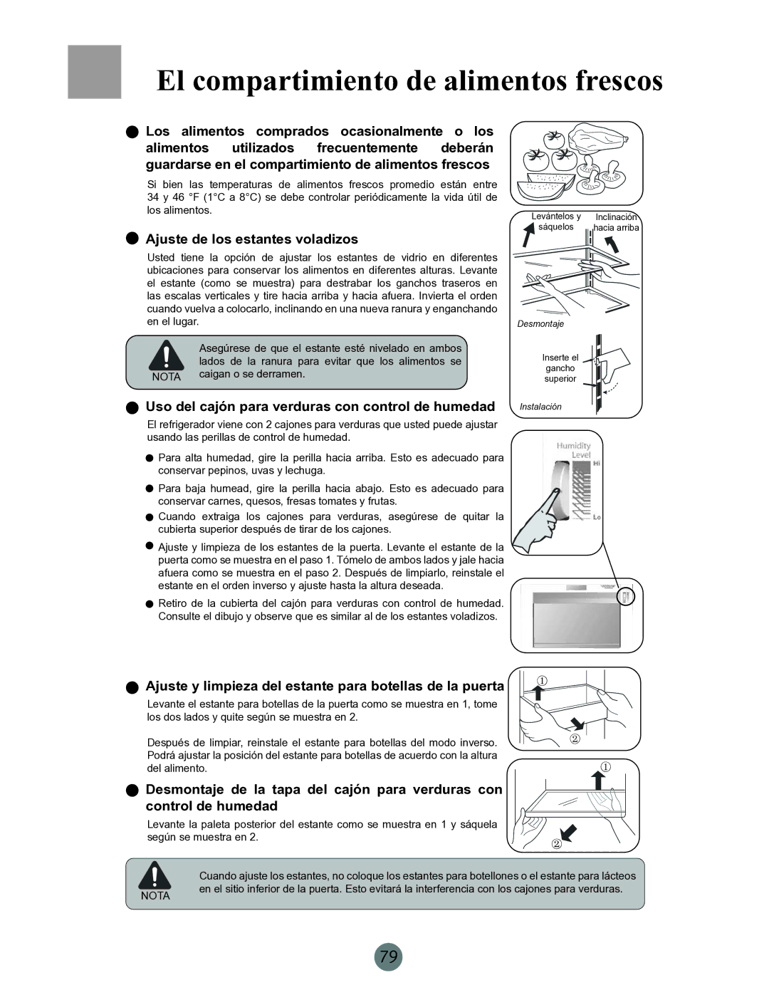 Haier PRCS25ED, PRCS25SD, RRCS25TD warranty El compartimiento de alimentos frescos, Ajuste de los estantes voladizos 