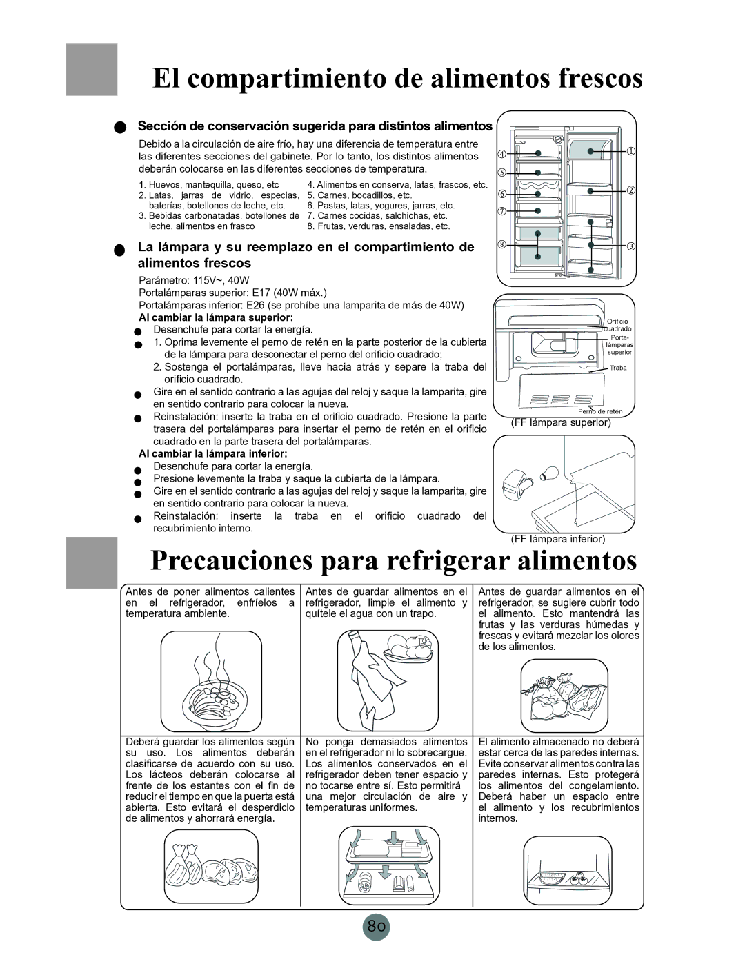 Haier PRCS25ED, RRCS25 Precauciones para refrigerar alimentos, Sección de conservación sugerida para distintos alimentos 