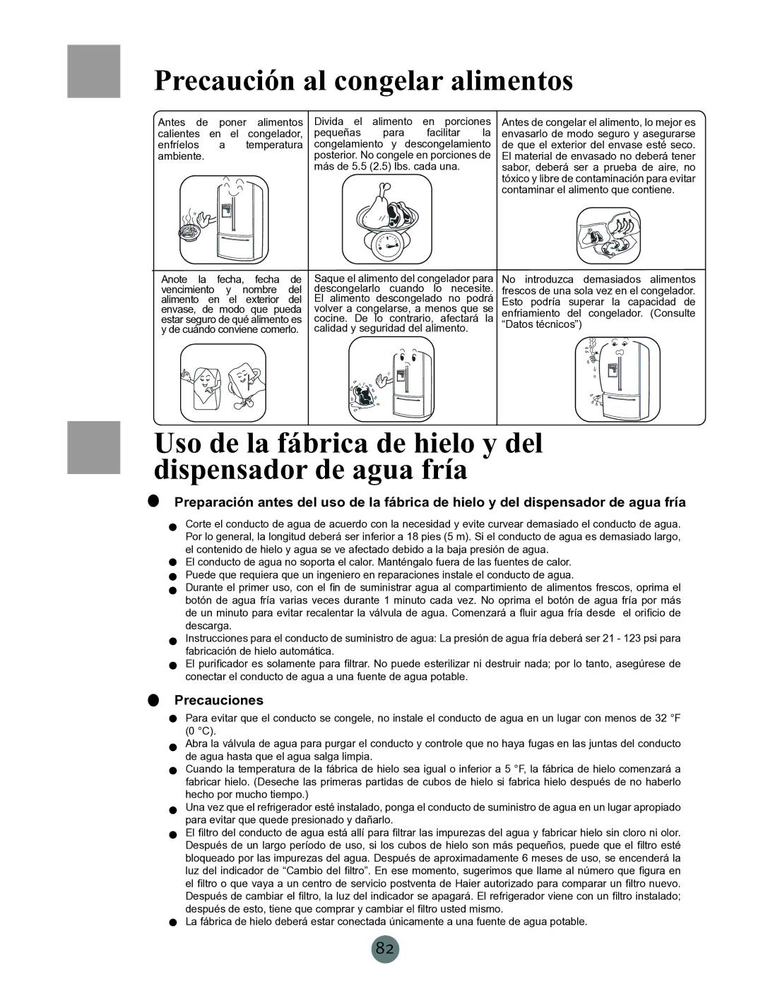 Haier PRCS25SD Precaución al congelar alimentos, Uso de la fábrica de hielo y del dispensador de agua fría, Precauciones 