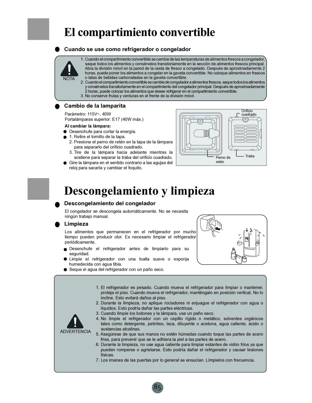 Haier PRCS25ED, PRCS25SD, RRCS25TD warranty El compartimiento convertible, Descongelamiento y limpieza 