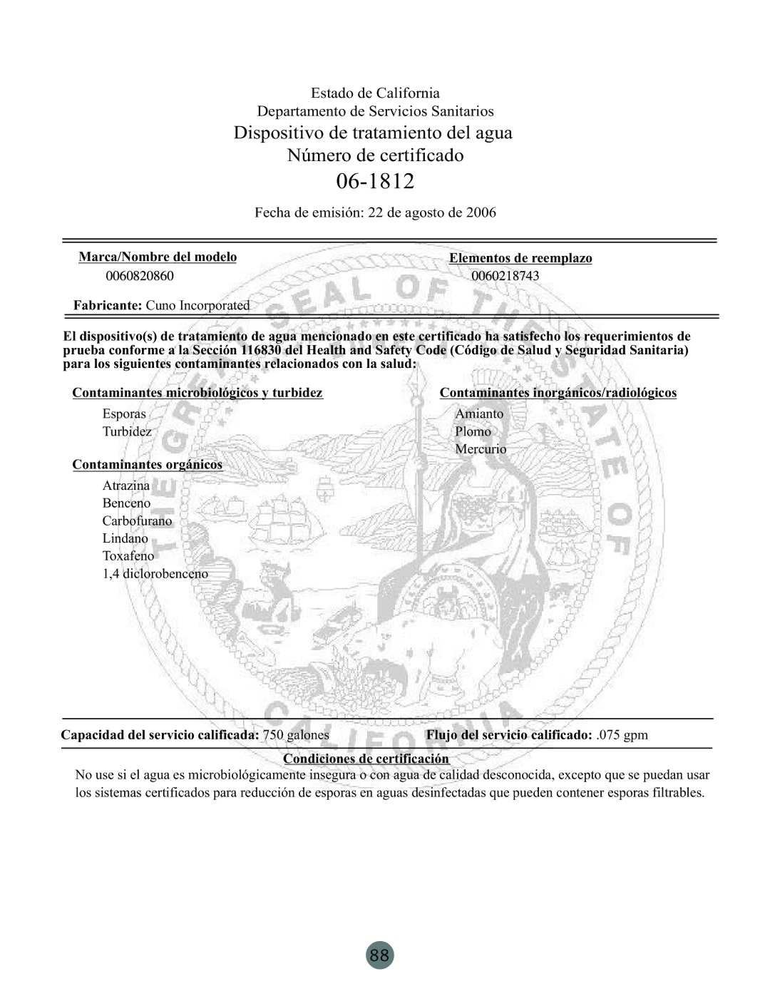 Haier RRCS25TD, PRCS25ED, PRCS25SD warranty Dispositivo de tratamiento del agua Número de certificado 