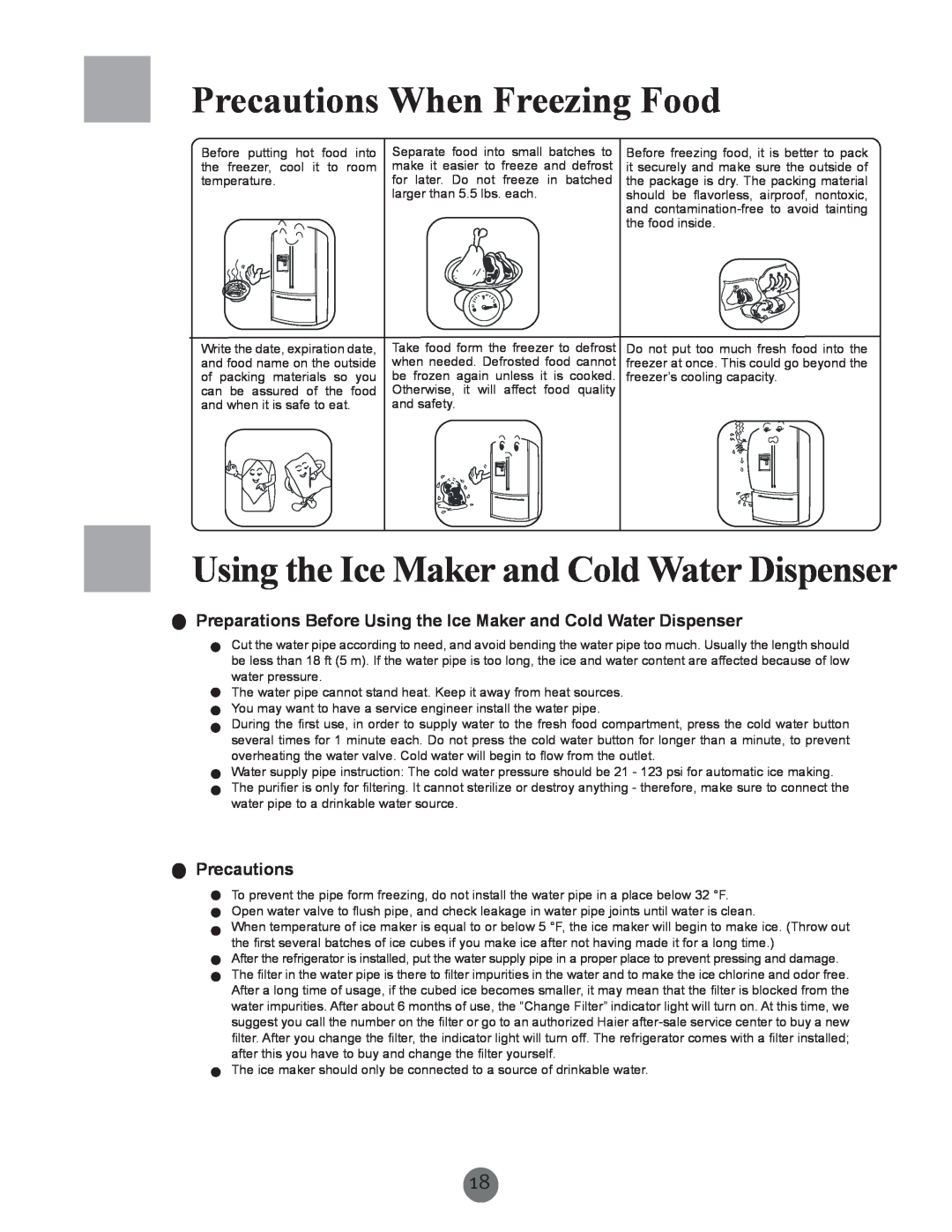 Haier RRCS25TD, PRCS25ED, PRCS25SD warranty Precautions When Freezing Food, Using the Ice Maker and Cold Water Dispenser 