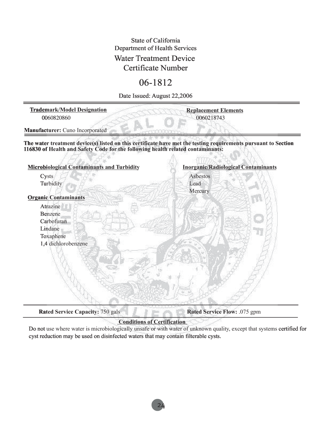 Haier RRCS25, PRCS25 06-1812, Water Treatment Device Certificate Number, State of California Department of Health Services 