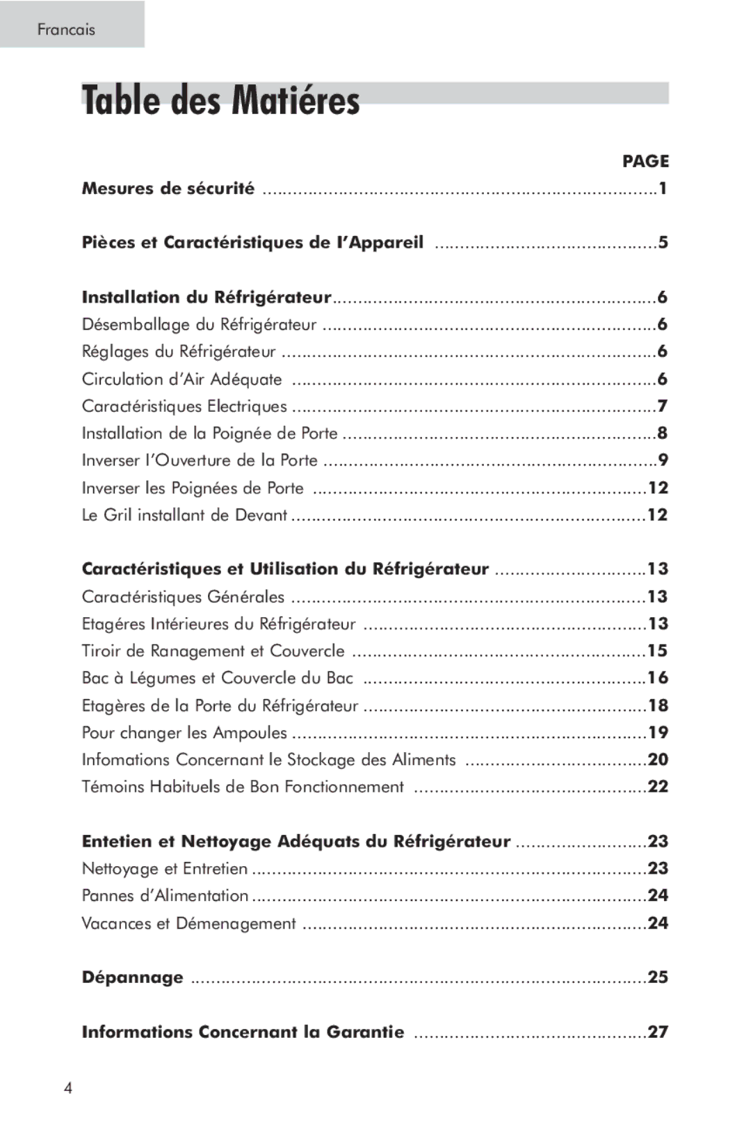 Haier PRTS, RRTG manual Table des Matiéres 