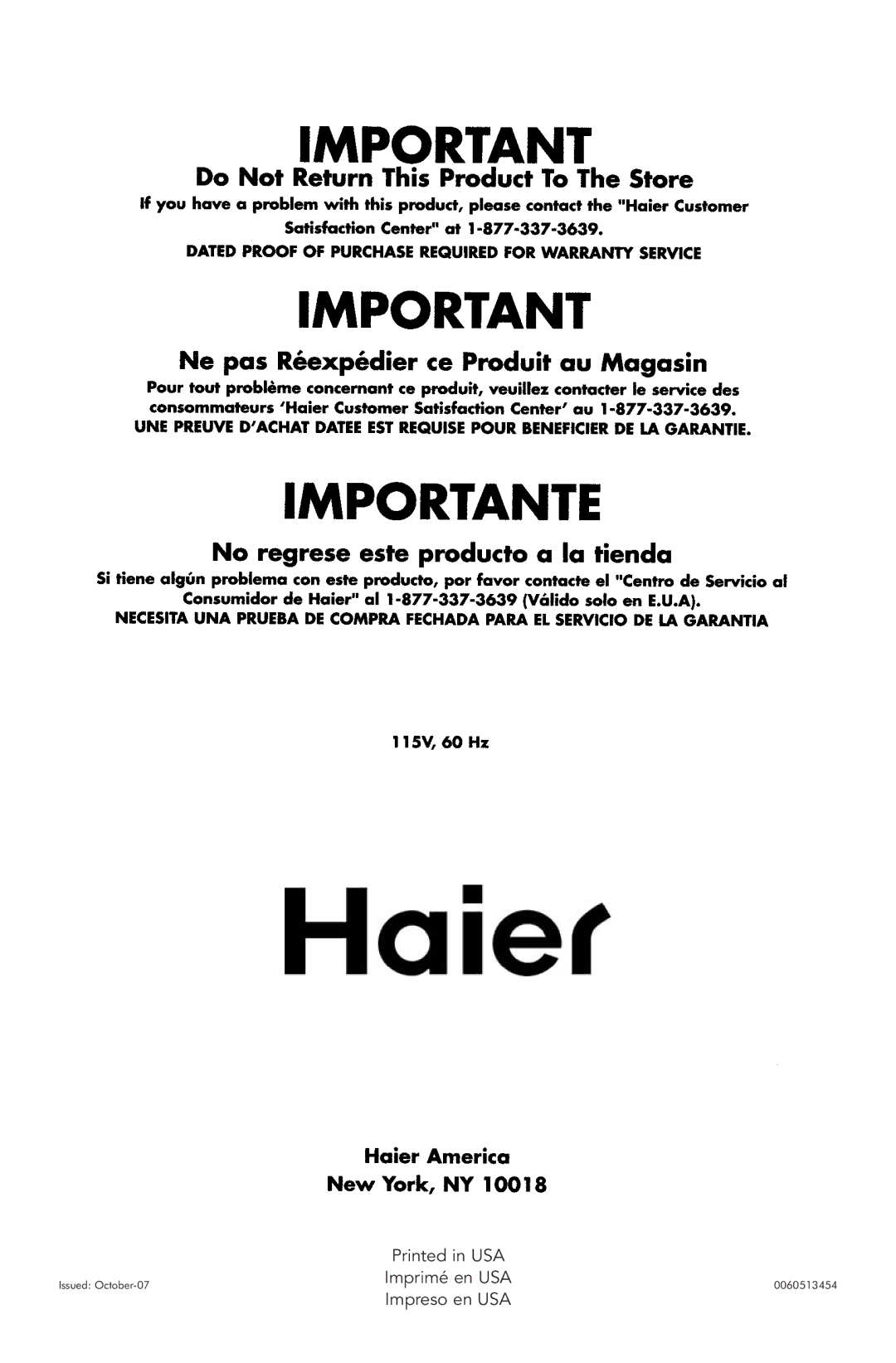 Haier PRTS, RRTG manual Imprimé en USA0060513454 Impreso en USA 