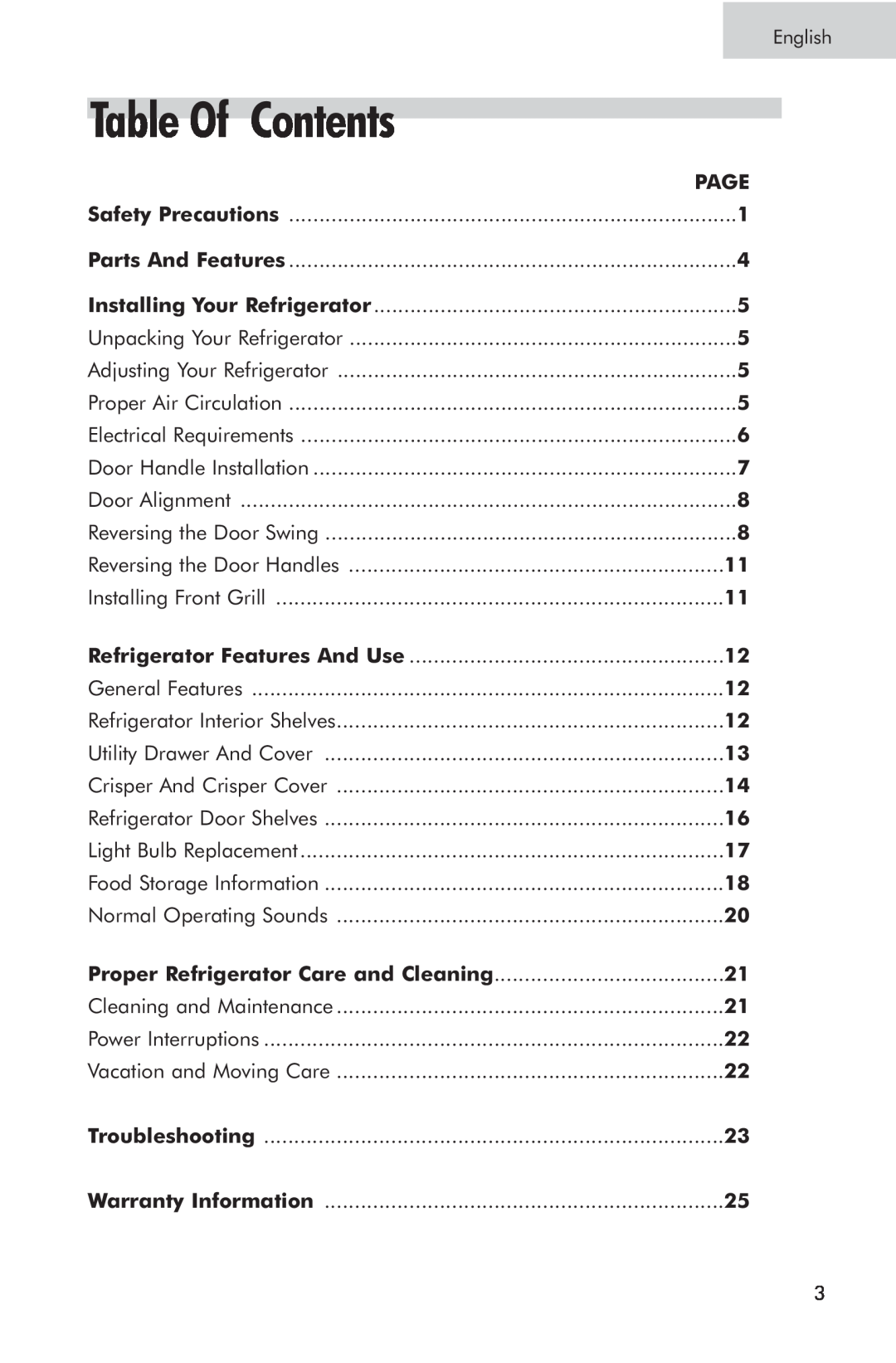 Haier PRTS, RRTG manual Table Of Contents, Proper Refrigerator Care and Cleaning 