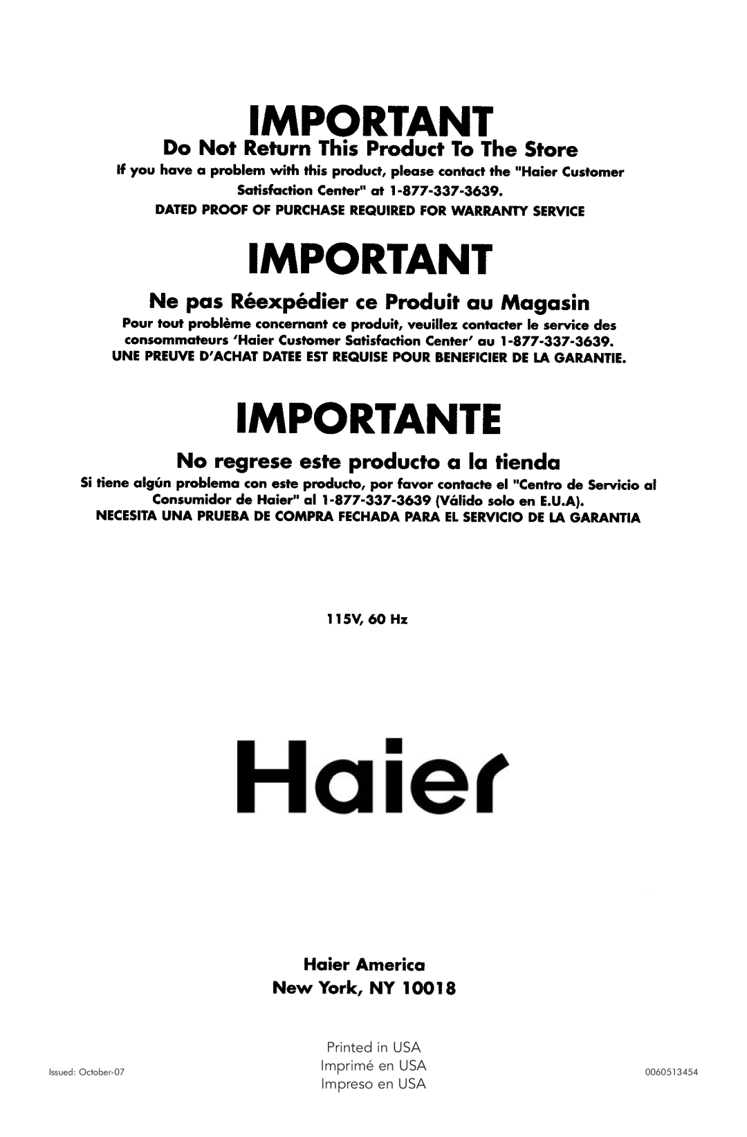 Haier PRTS, RRTG manual Printed in USA, Imprimé en USA0060513454 Impreso en USA, Issued: October-07 