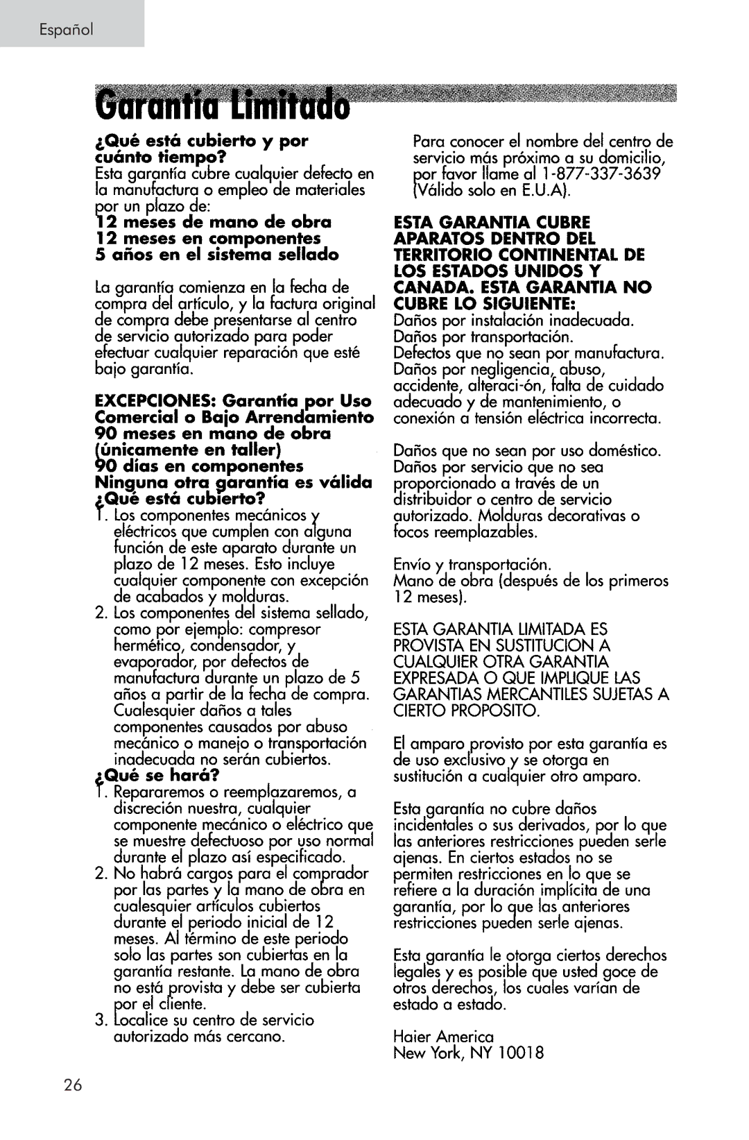 Haier HRTS, RRTW, HTA user manual Español 