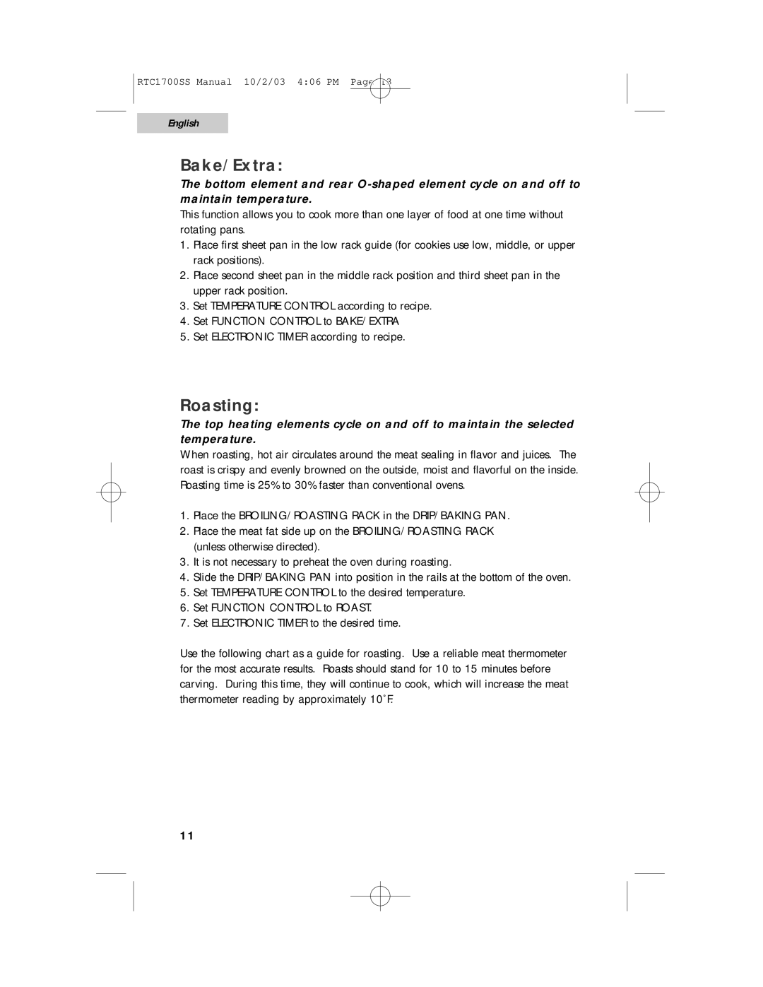 Haier RTC1700SS user manual Bake/Extra, Roasting 