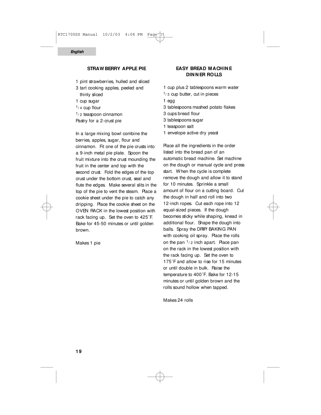 Haier RTC1700SS user manual Strawberry Apple PIE, Easy Bread Machine Dinner Rolls 