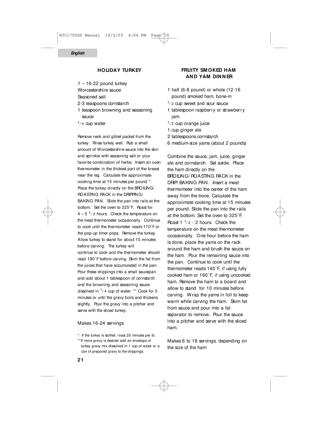 Haier RTC1700SS user manual Holiday Turkey, Fruity Smoked HAM YAM Dinner 