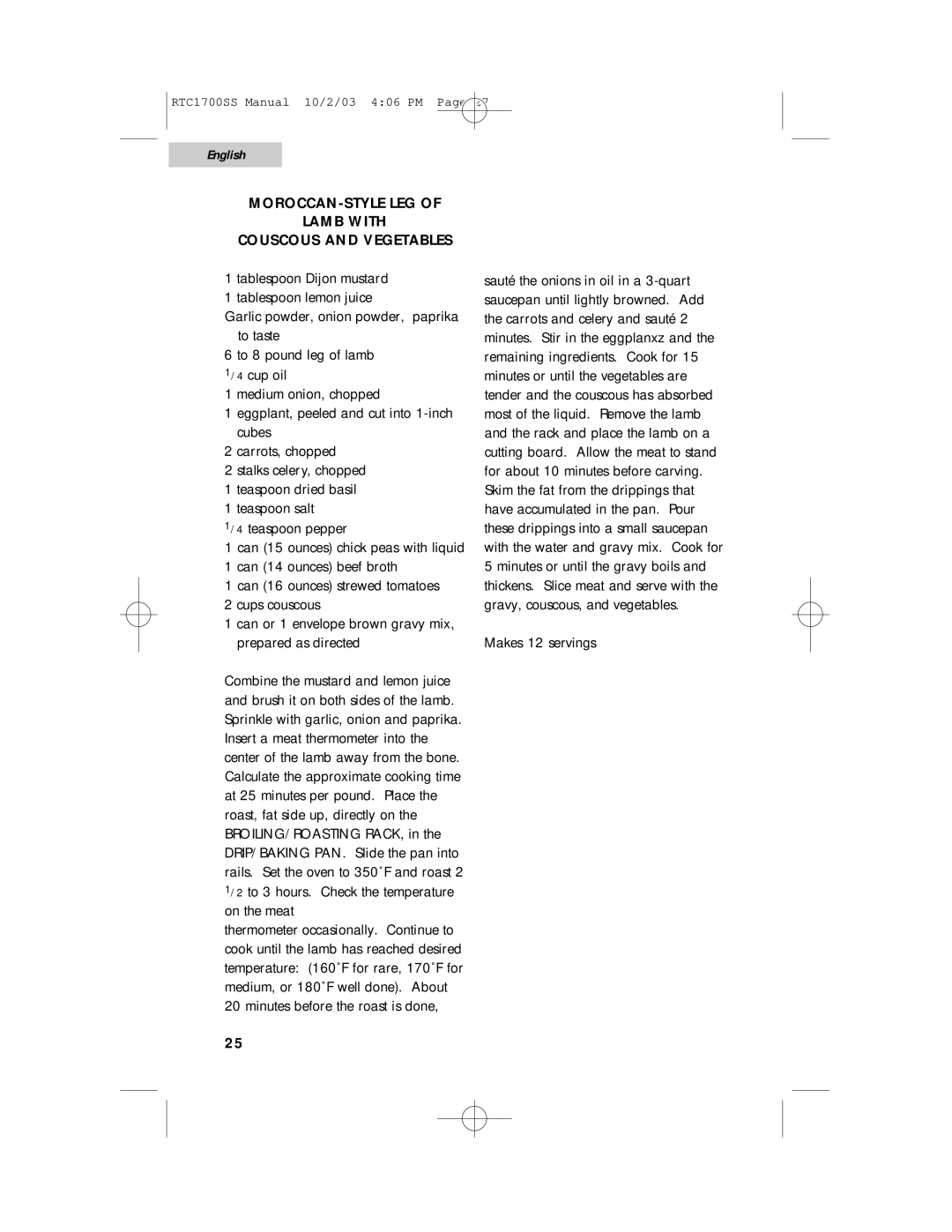 Haier RTC1700SS user manual MOROCCAN-STYLE LEG Lamb with Couscous and Vegetables 