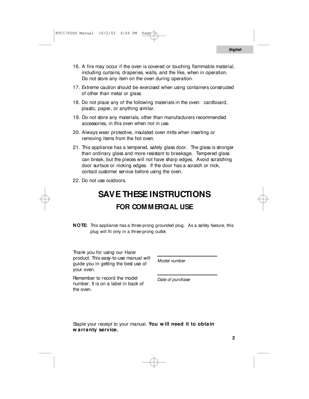 Haier RTC1700SS user manual For Commercial USE 