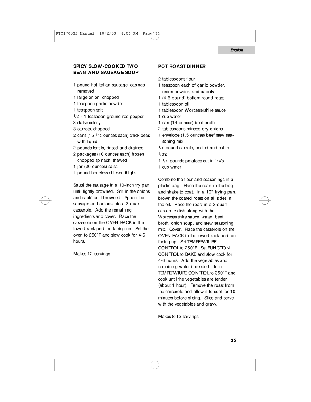 Haier RTC1700SS user manual Spicy SLOW-COOKED TWO Bean and Sausage Soup, POT Roast Dinner 