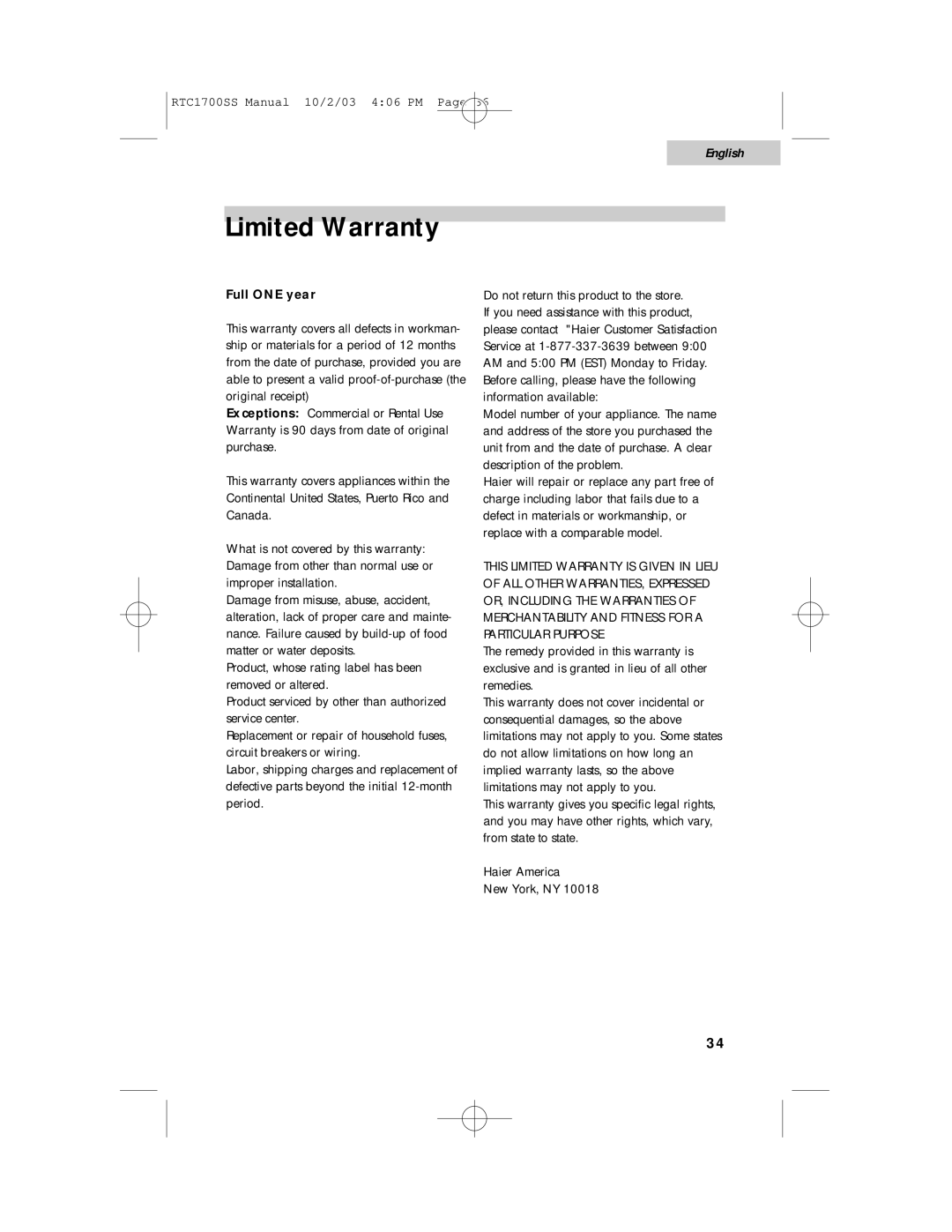 Haier RTC1700SS user manual Limited Warranty, Full ONE year 