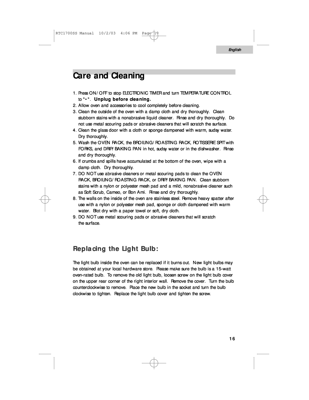 Haier RTC1700SS user manual Care and Cleaning, Replacing the Light Bulb, English 