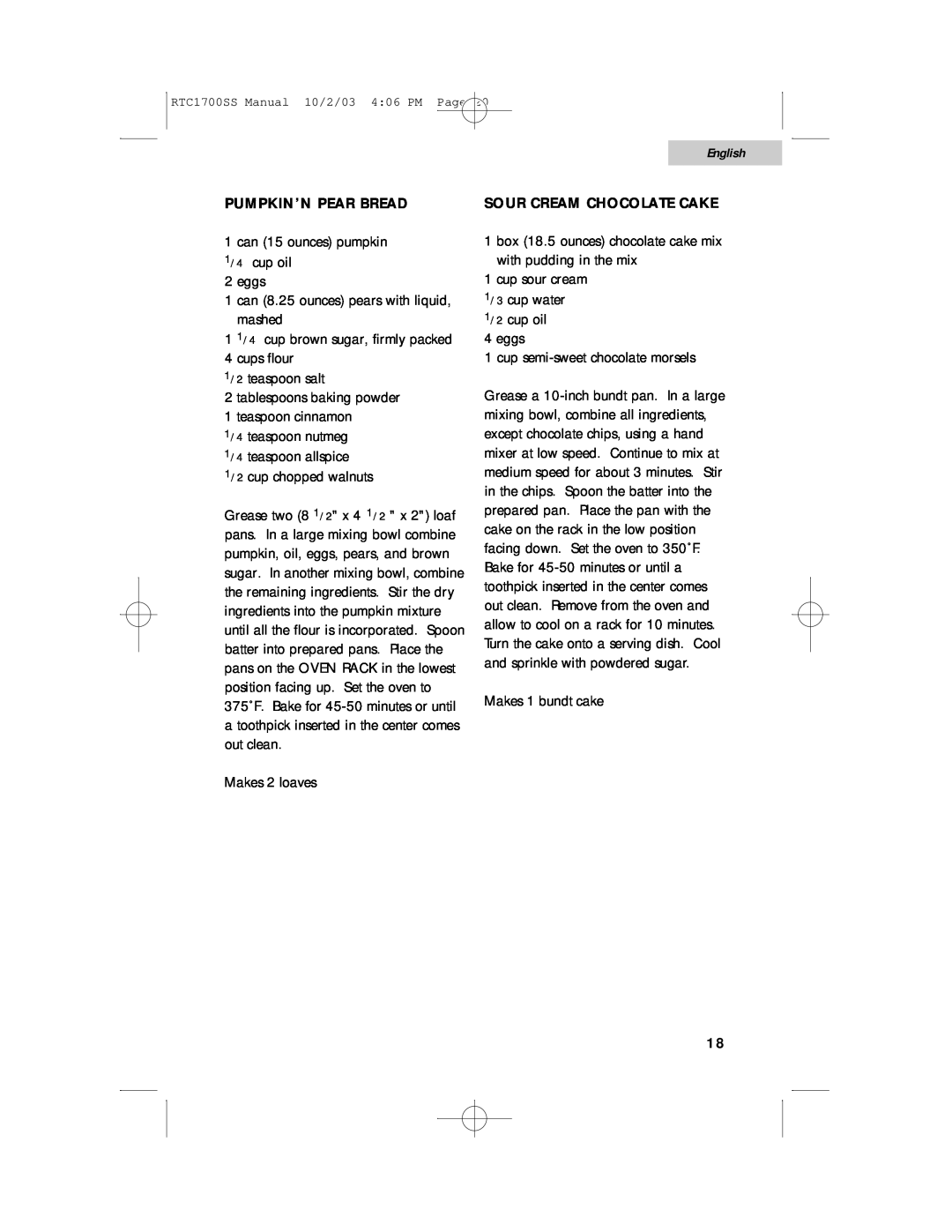 Haier RTC1700SS user manual English, Pumpkin’N Pear Bread, Sour Cream Chocolate Cake 