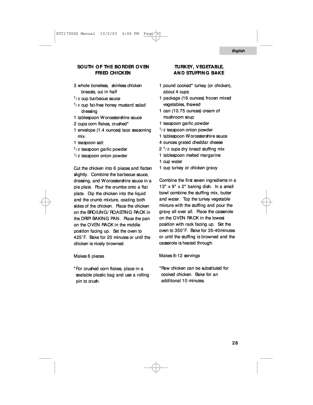 Haier RTC1700SS user manual English, South Of The Border Oven, Turkey, Vegetable, Fried Chicken, And Stuffing Bake 
