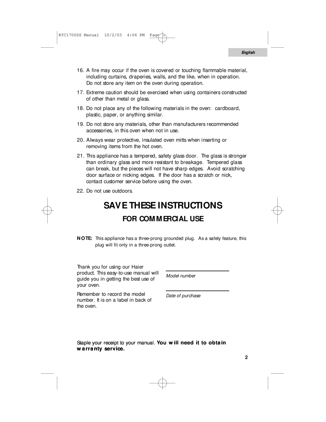 Haier RTC1700SS user manual Save These Instructions, warranty service, For Commercial Use, English 