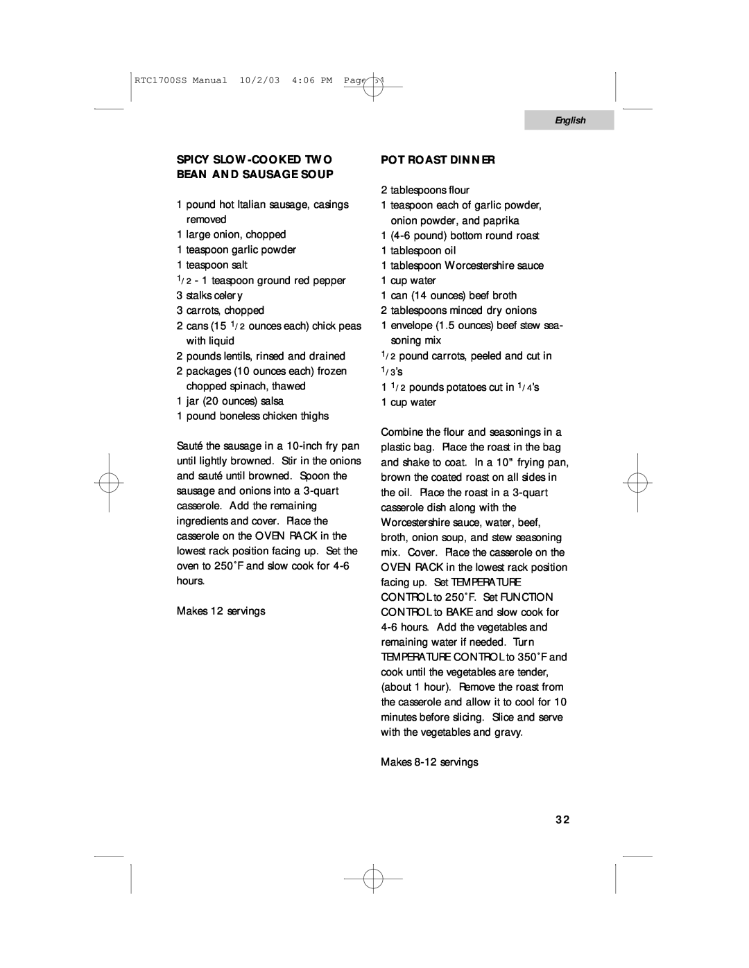 Haier RTC1700SS user manual English, Spicy Slow-Cooked Two Bean And Sausage Soup, Pot Roast Dinner 