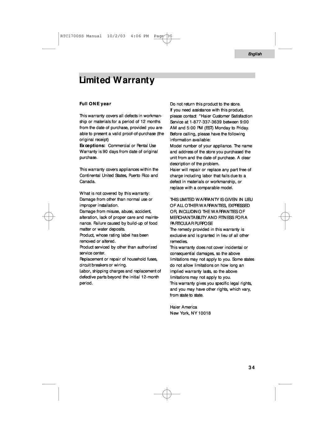 Haier RTC1700SS user manual Limited Warranty, English, Full ONE year 
