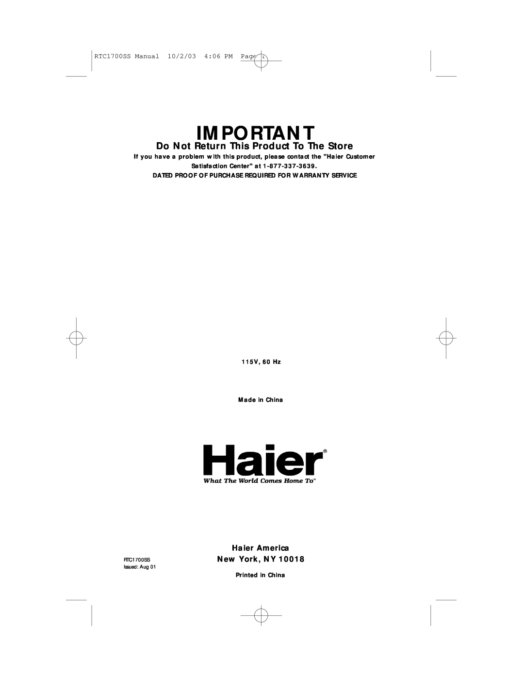 Haier Do Not Return This Product To The Store, Haier America New York, NY, RTC1700SS Manual 10/2/03 406 PM Page 