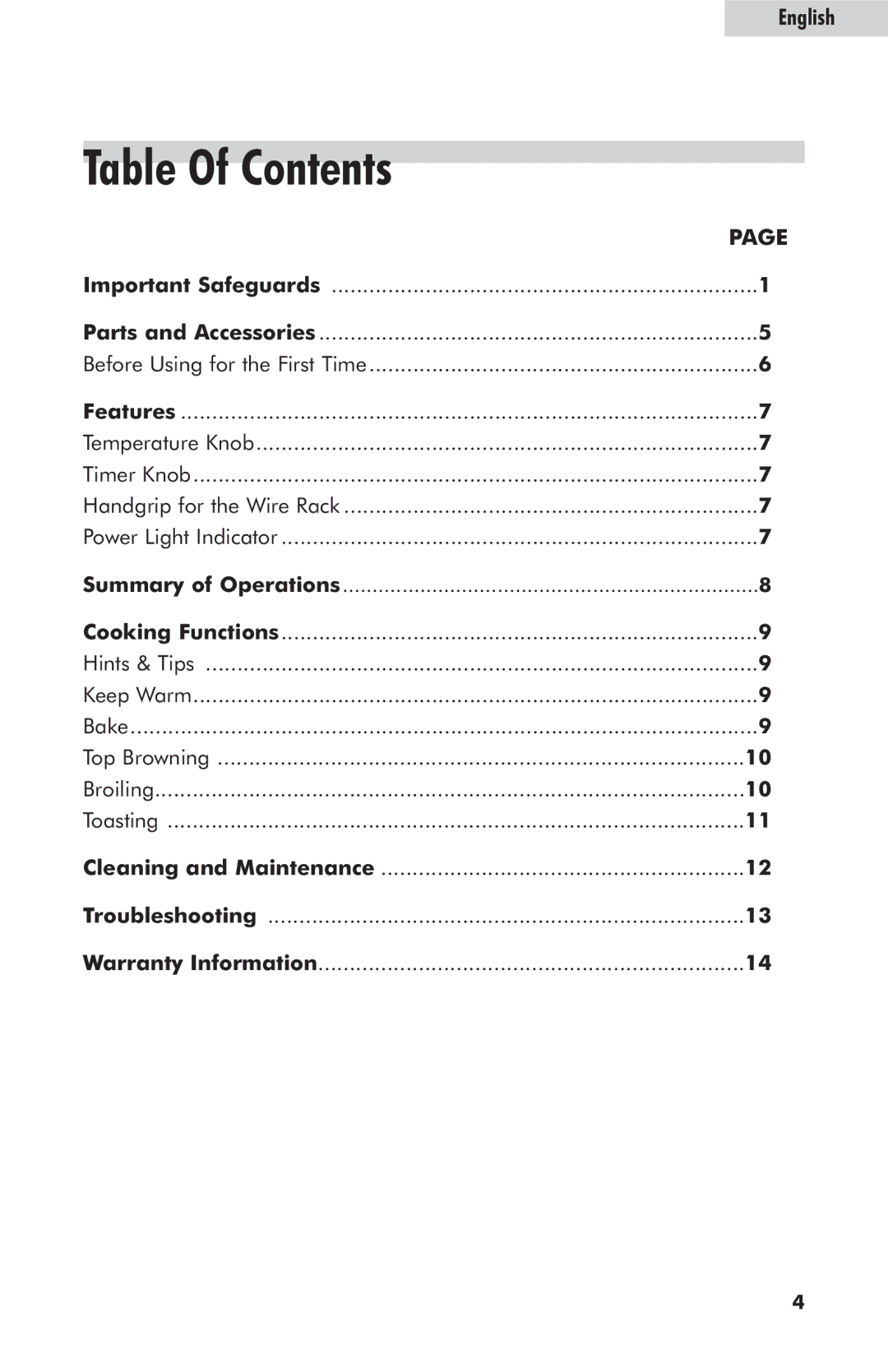 Haier RTO1400SS user manual Table Of Contents 