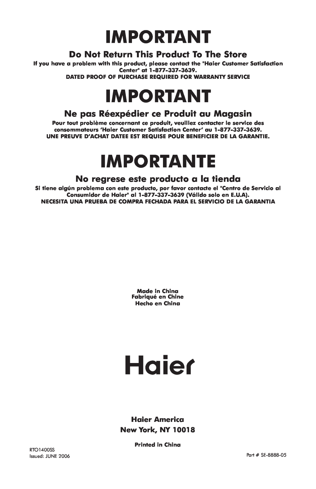 Haier RTO1400SS user manual Importante, Do Not Return This Product To The Store, Ne pas Réexpédier ce Produit au Magasin 