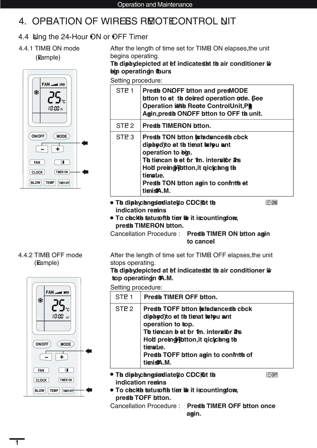 Haier KC18AGH, SAP-K18AM instruction manual Using the 24-Hour on or OFF Timer, Setting procedure, Timer OFF mode Example 