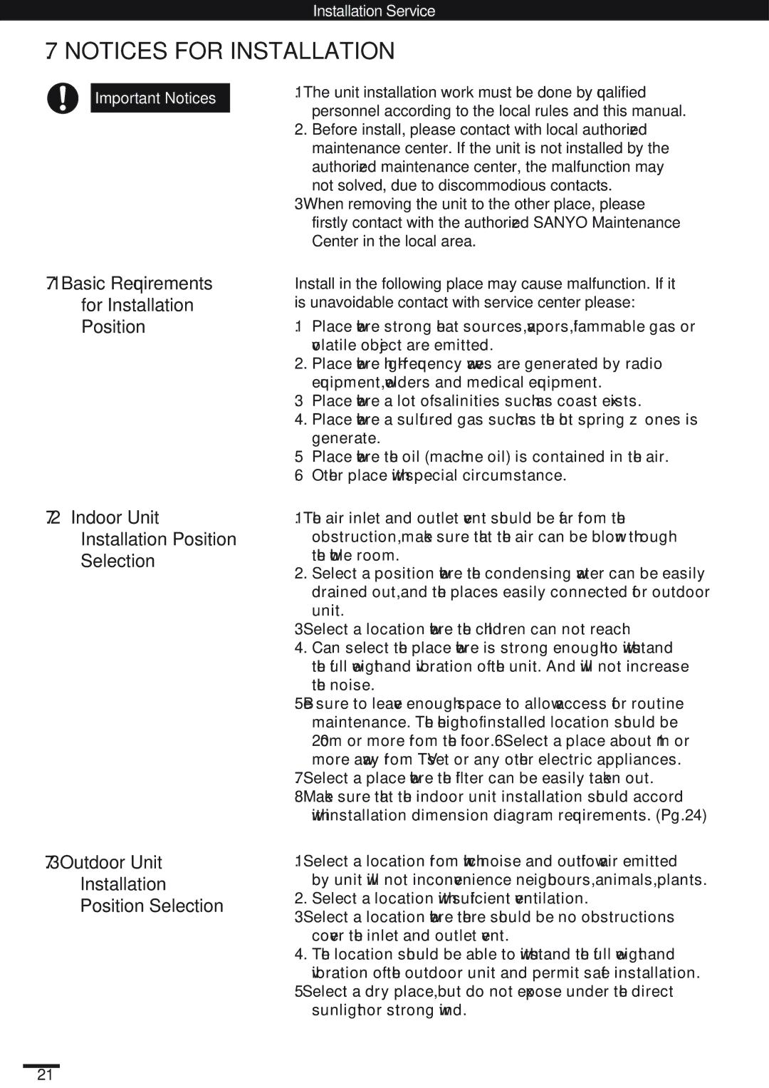 Haier KC18AGH, SAP-K18AM Basic Requirements for Installation Position, Indoor Unit Installation Position Selection 