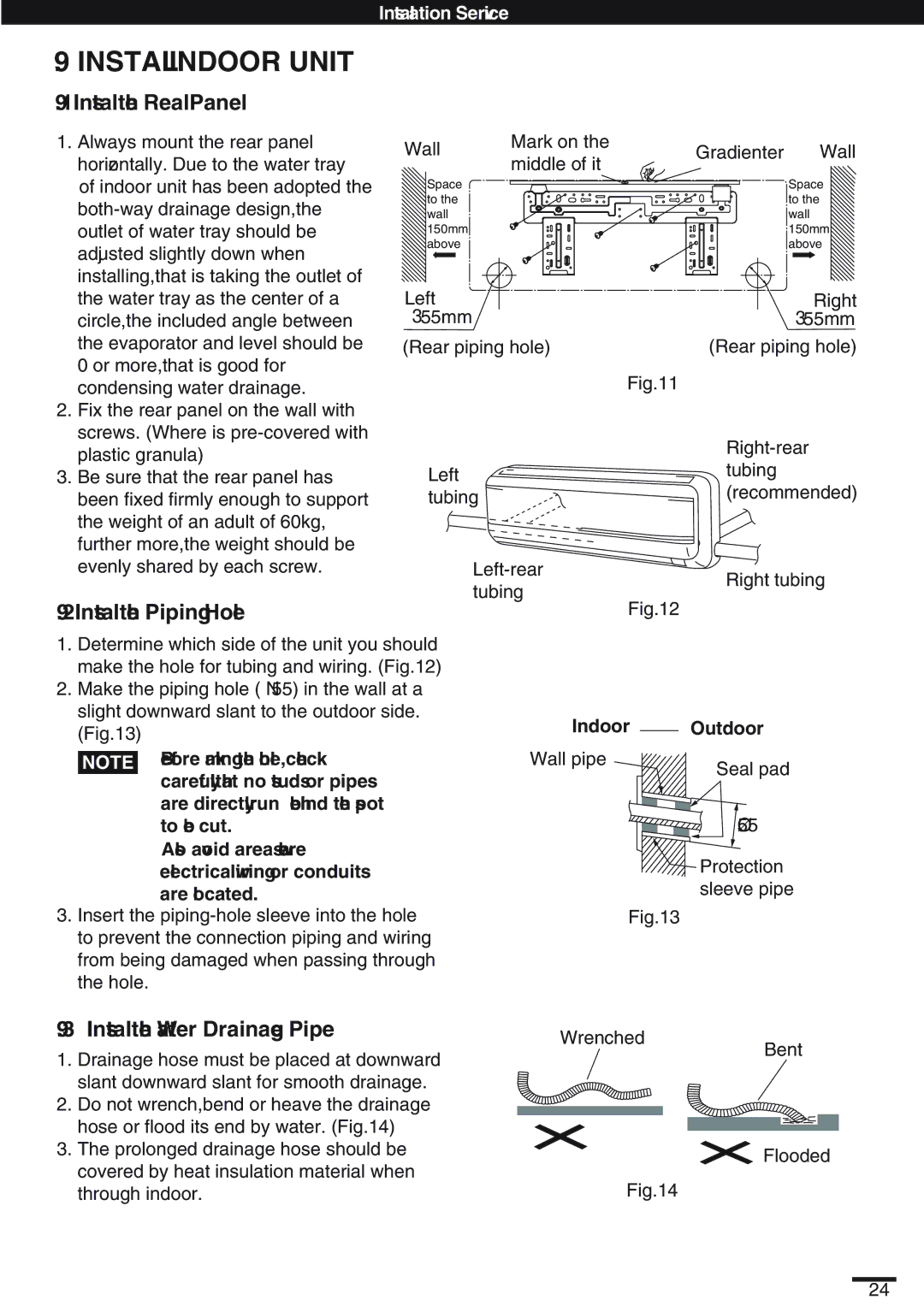 Haier SAP-K18AM Install Indoor Unit, Install the Real Panel, Install the Piping Hole, Install the Water Drainage Pipe 