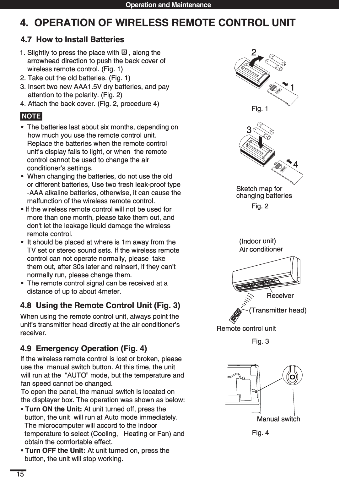Haier KC18AGH, SAP-K18AM 4.7How to Install Batteries, Using the Remote Control Unit Fig, Emergency Operation Fig 