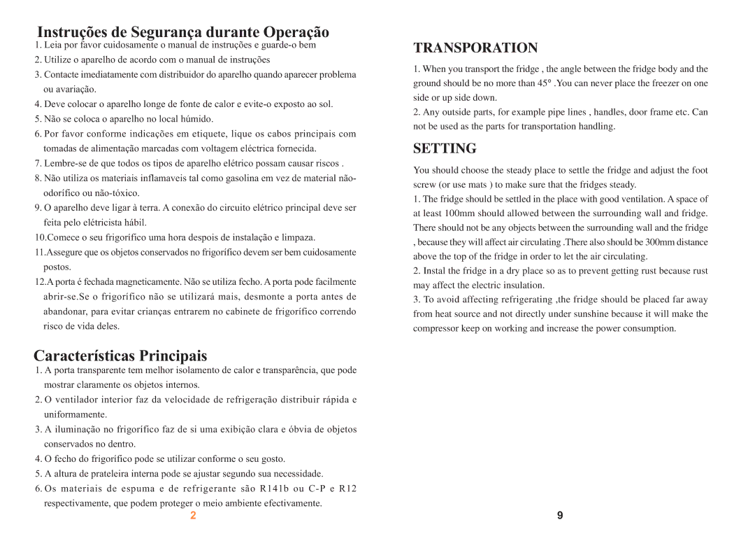 Haier SC-328GB, SC-278GA manual Instruções de Segurança durante Operação, Características Principais, Transporation, Setting 