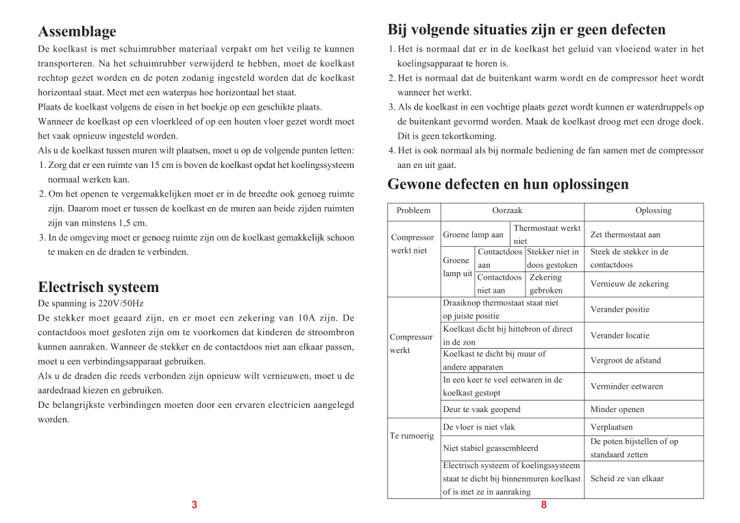 Haier SC-278GA, SC-328GB manual Assemblage, Electrisch systeem, Bij volgende situaties zijn er geen defecten 