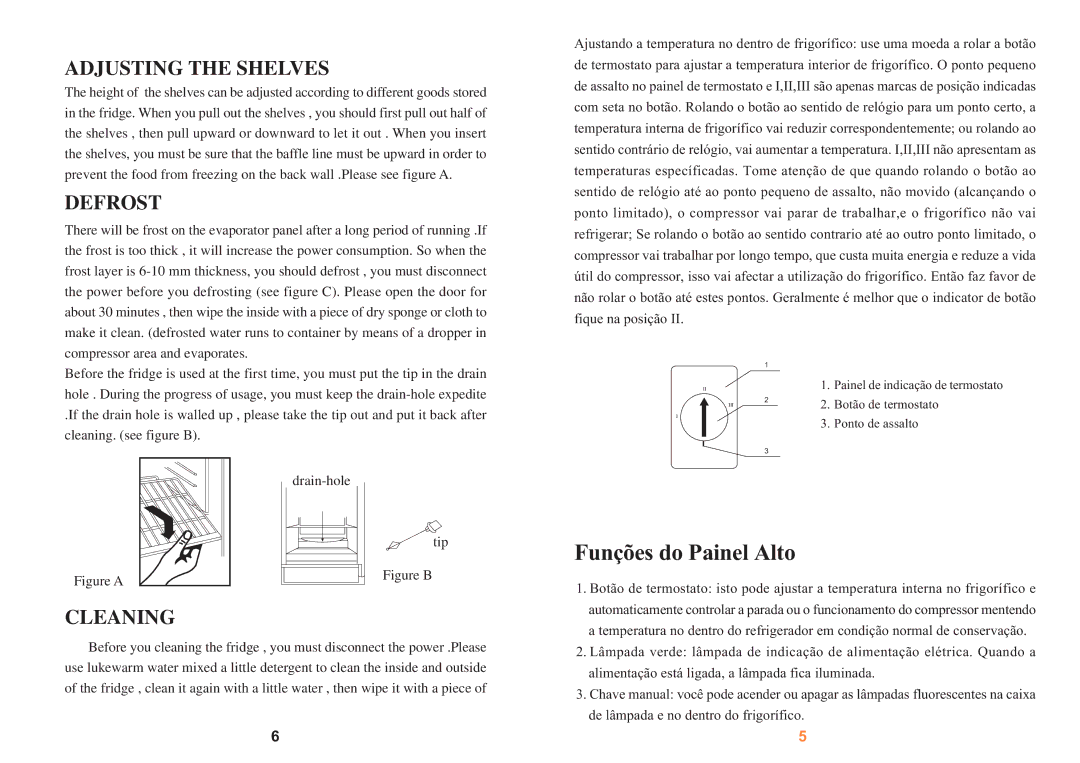 Haier SC-278GA, SC-328GB manual Funções do Painel Alto, Adjusting the Shelves, Defrost, Cleaning 