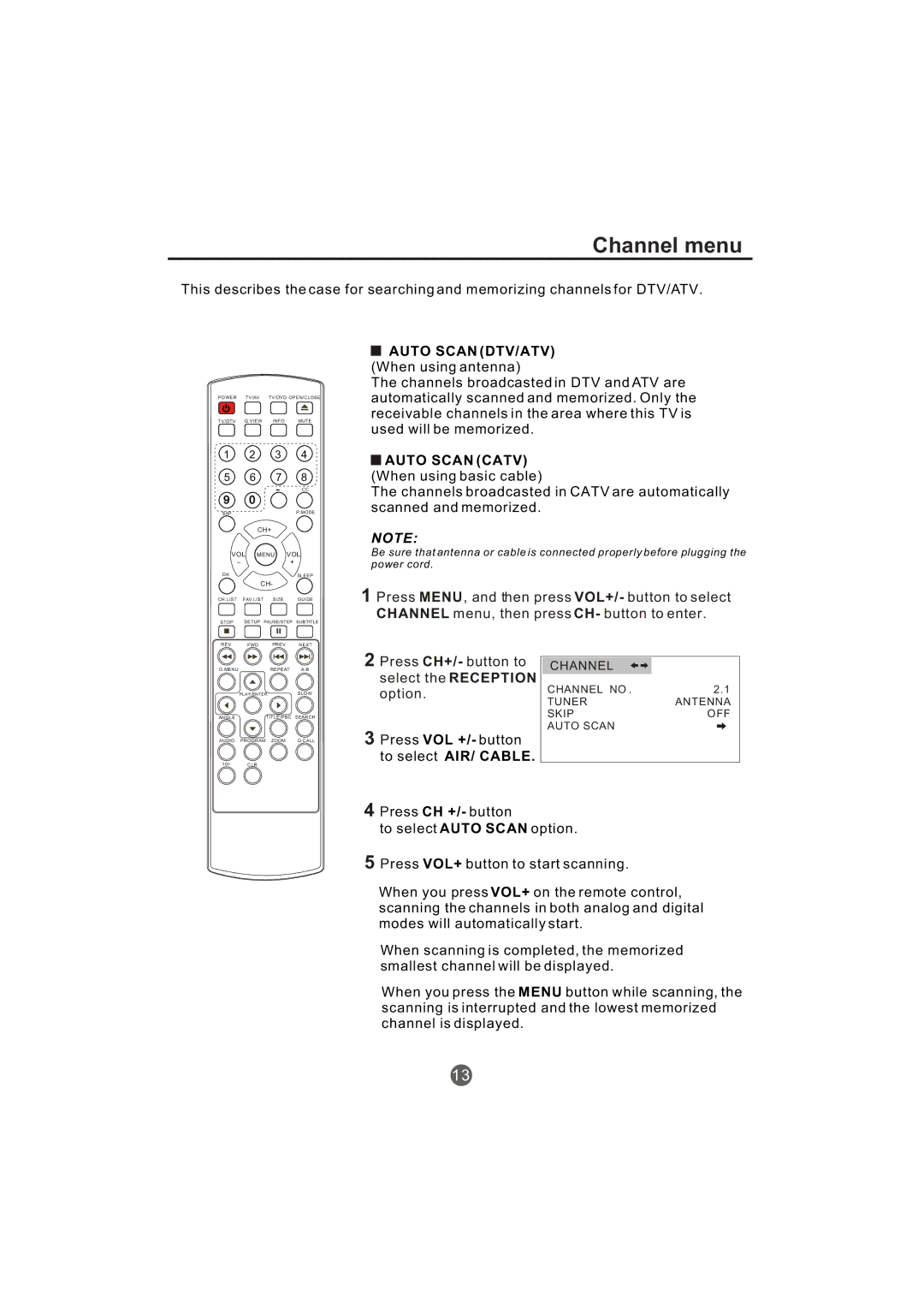 Haier TCR20-A, TCR13-A owner manual Channel menu, Auto Scan DTV/ATV When using antenna 