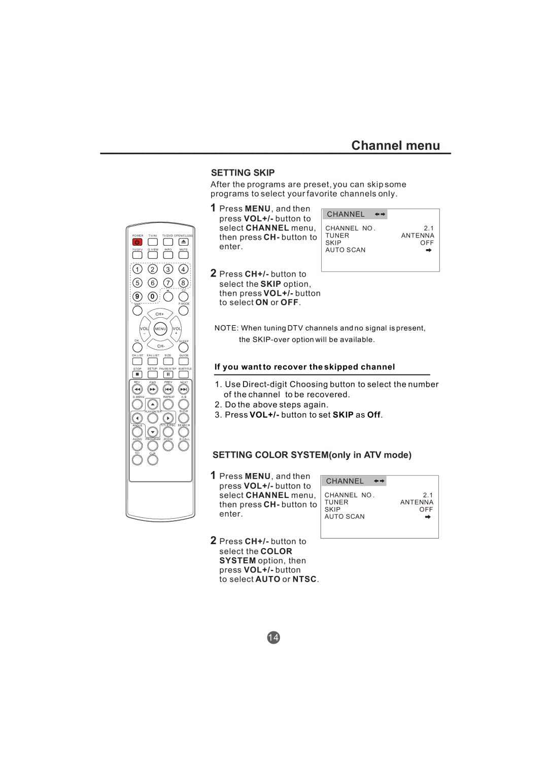 Haier TCR13-A, TCR20-A owner manual Setting Skip, Channel no Tuner Antenna Skip OFF Auto Scan 