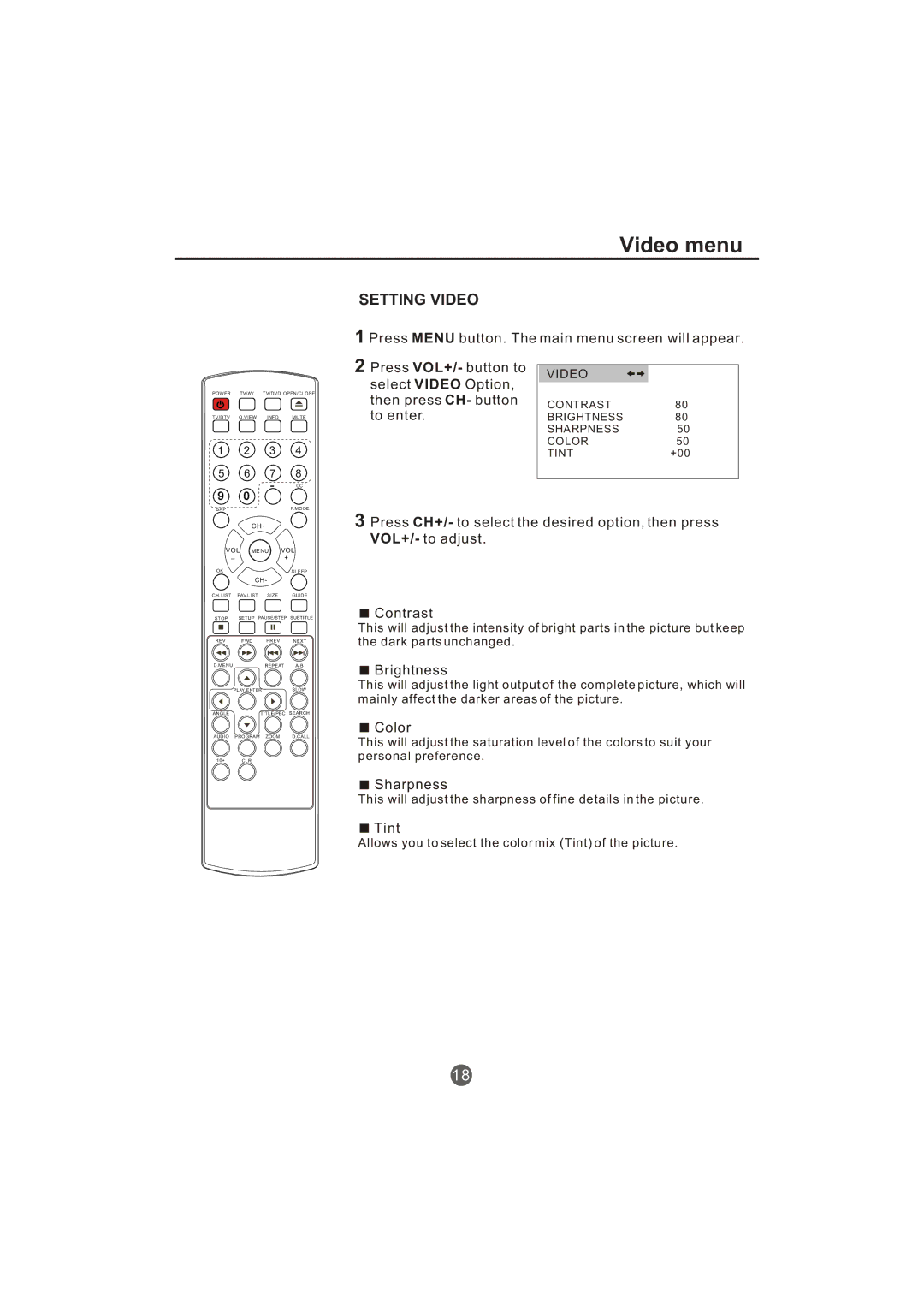 Haier TCR13-A, TCR20-A owner manual Video menu, Setting Video 