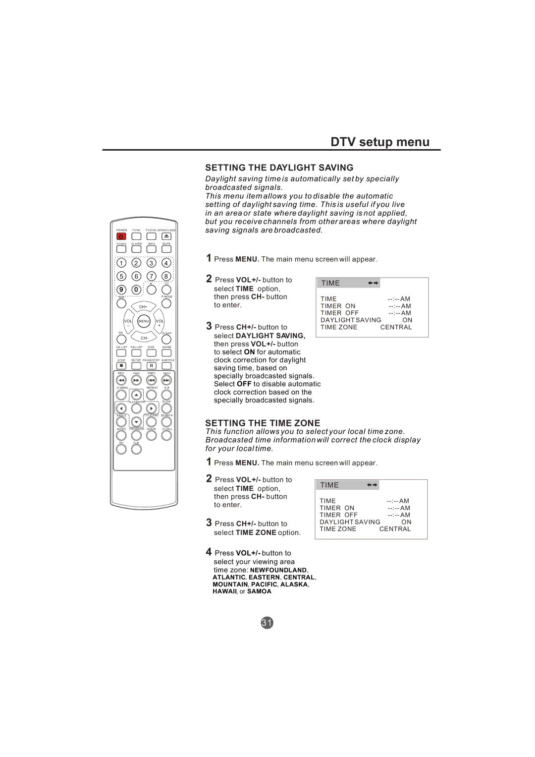 Haier TCR20-A, TCR13-A owner manual Setting the Daylight Saving, Setting the Time Zone 