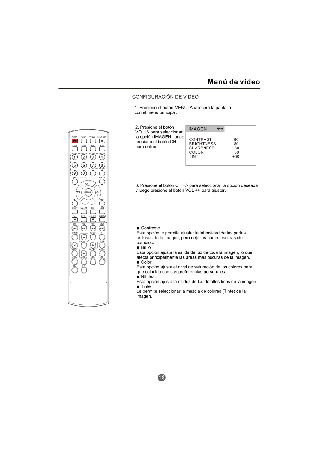 Haier TCR20-A, TCR13-A owner manual Configuración DE Video, Imagen 