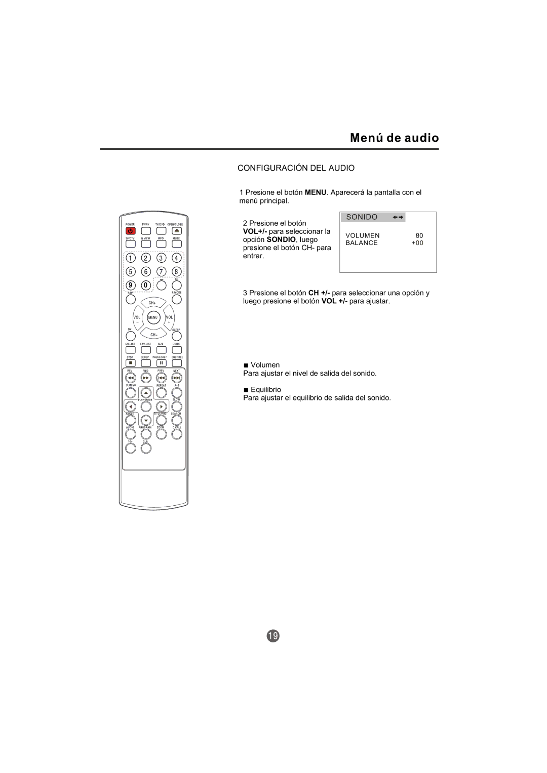 Haier TCR13-A, TCR20-A owner manual Configuración DEL Audio, Sonido 