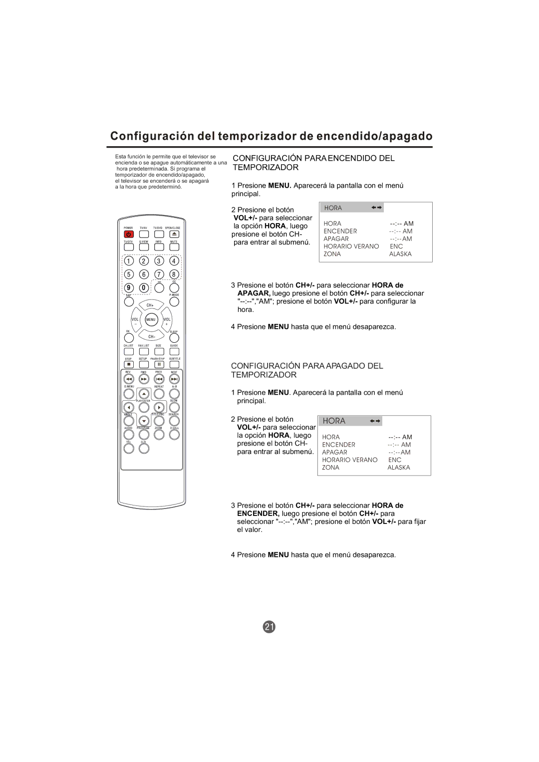 Haier TCR13-A, TCR20-A Configuración Para Encendido DEL Temporizador, Configuración Para Apagado DEL Temporizador 