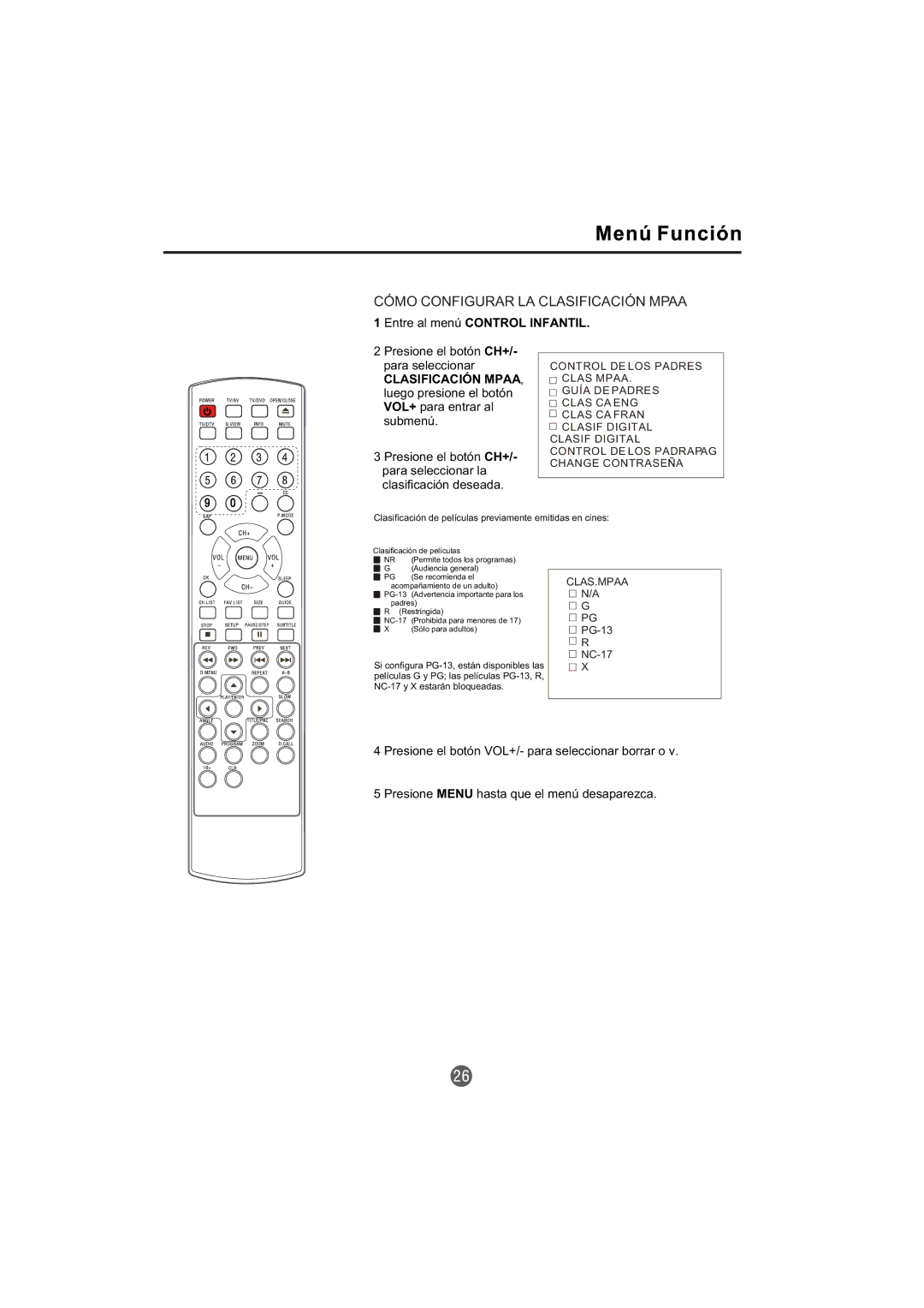 Haier TCR20-A, TCR13-A owner manual Cómo Configurar LA Clasificación Mpaa 